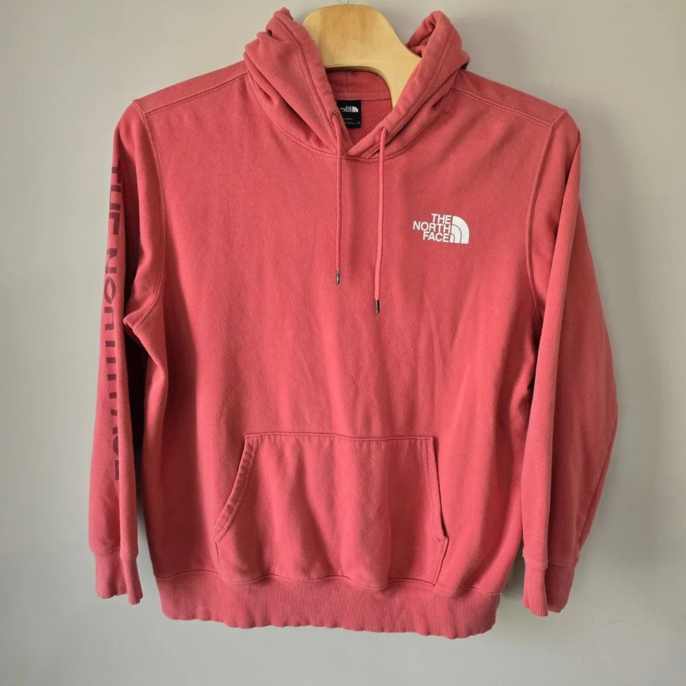 The North Face Mens XXL Hoodie Faded Red Sleeve Logo Pullover Sweatshirt Athlete
